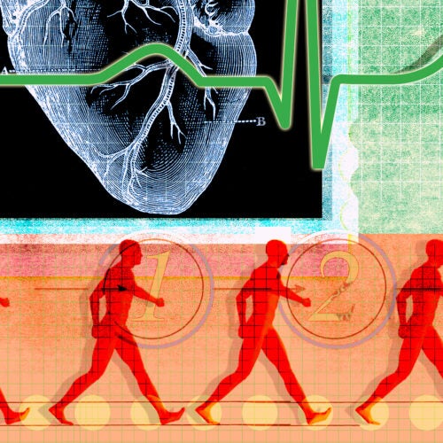 Collage de gente caminando y salud del corazón.